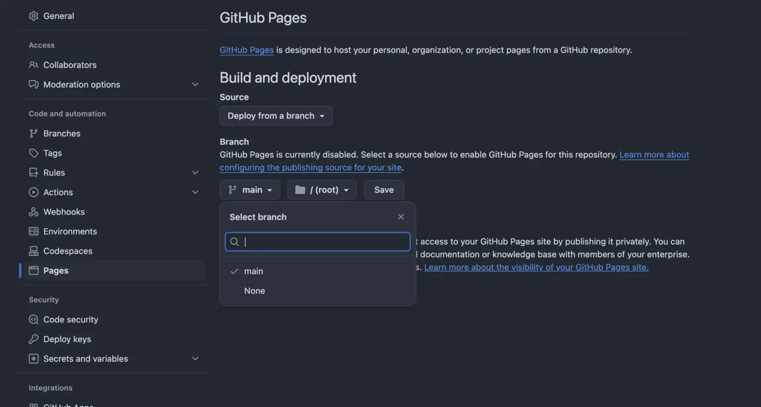 select main branch for github page
